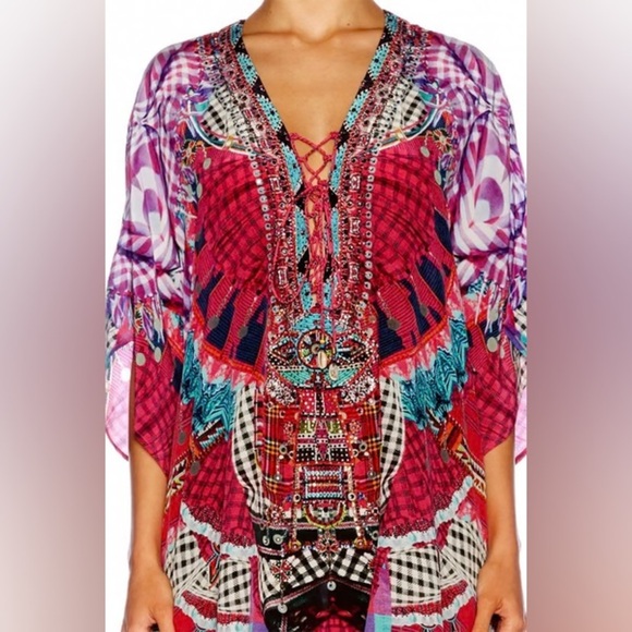 Camilla Tops - Camilla Desert Discotheque silk blouse lace-up heavily embellished boho sz 8